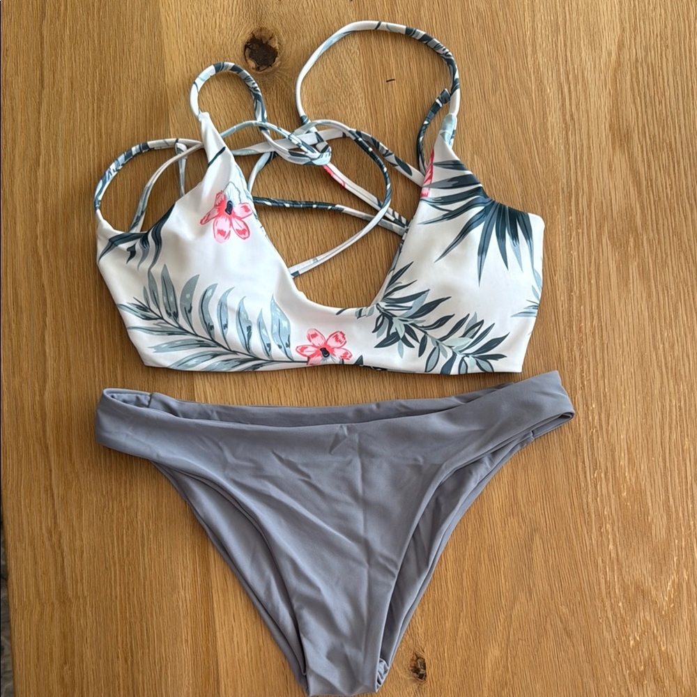 Floral Print Bikini Set - Gray and White